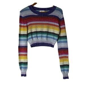 Lovers + Friends Sweater‎ Top Size M Believe Rainbow Knit Ribbed Retro 90s